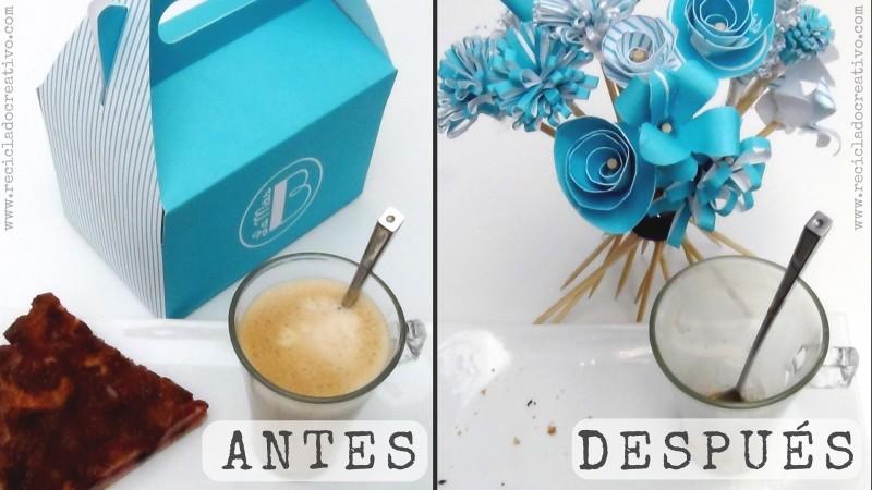 Antes y después de una caja de cartón convertida en ramo de flores