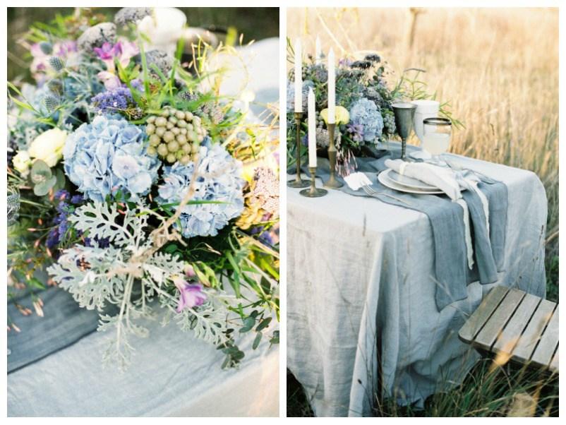 Decoración de mesa campestre en azules y platas