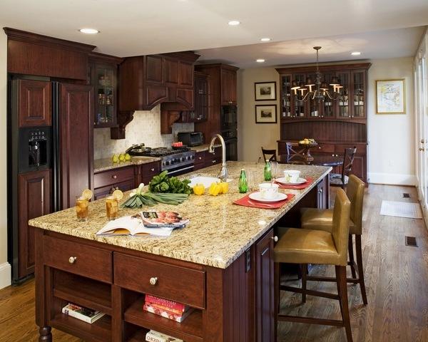 Gold granite breakfast bar dark wood kitchen cabinets | My Sweet Things