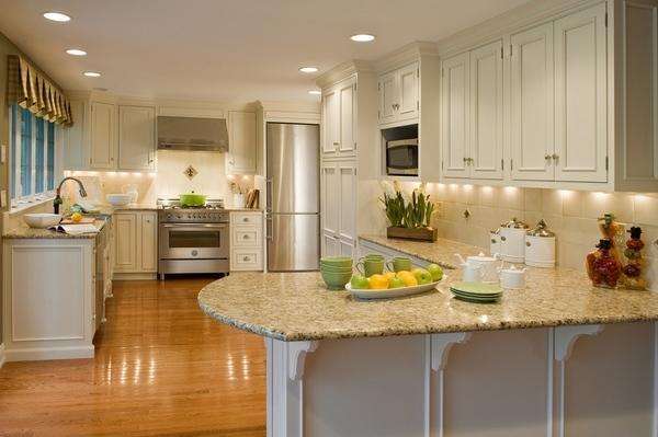 Light granite kitchen countertops with cream wood cabinets | My Sweet Things