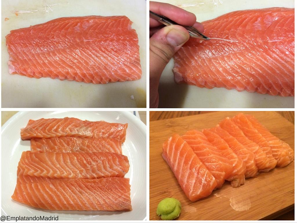 Preparando el salmón para sushi