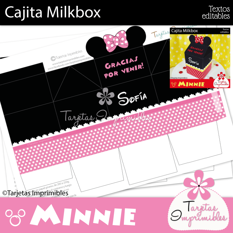 Cajita tipo Milkbox para imprimir Minnie Mouse rosa