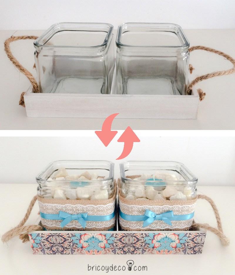 antes y después de decorar con decoupage vidrio y madera