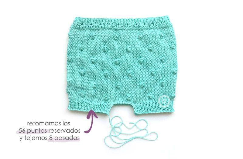 Pantaloncito de punto popcorn a dos agujas - Cubrepañal DIY