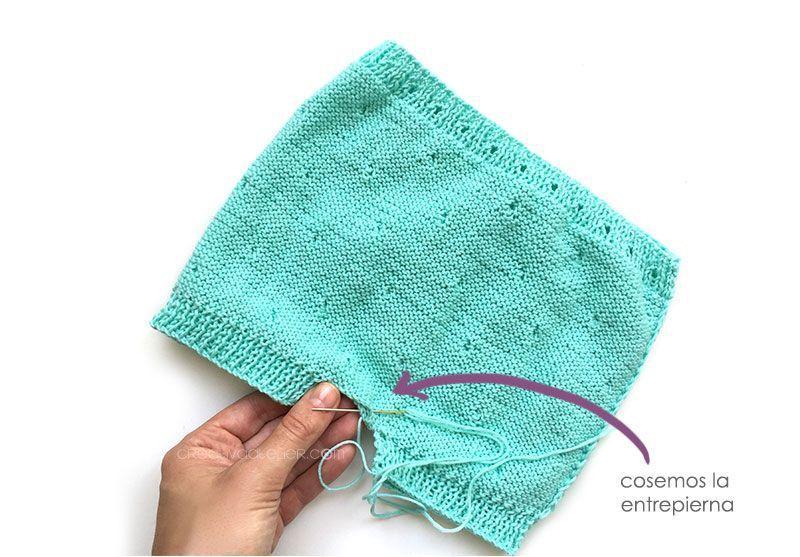 Pantaloncito de punto popcorn a dos agujas - Cubrepañal DIY