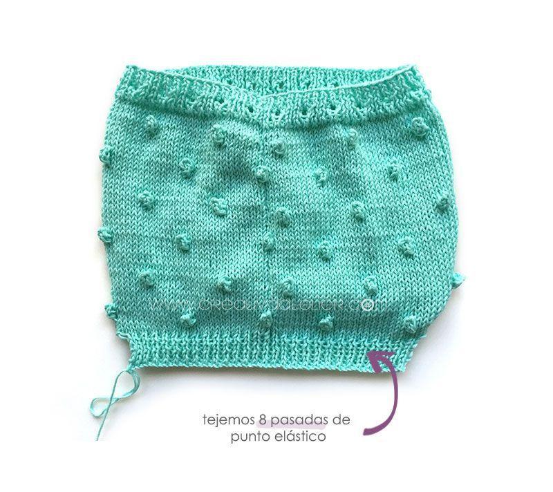 Pantaloncito de punto popcorn a dos agujas - Cubrepañal DIY