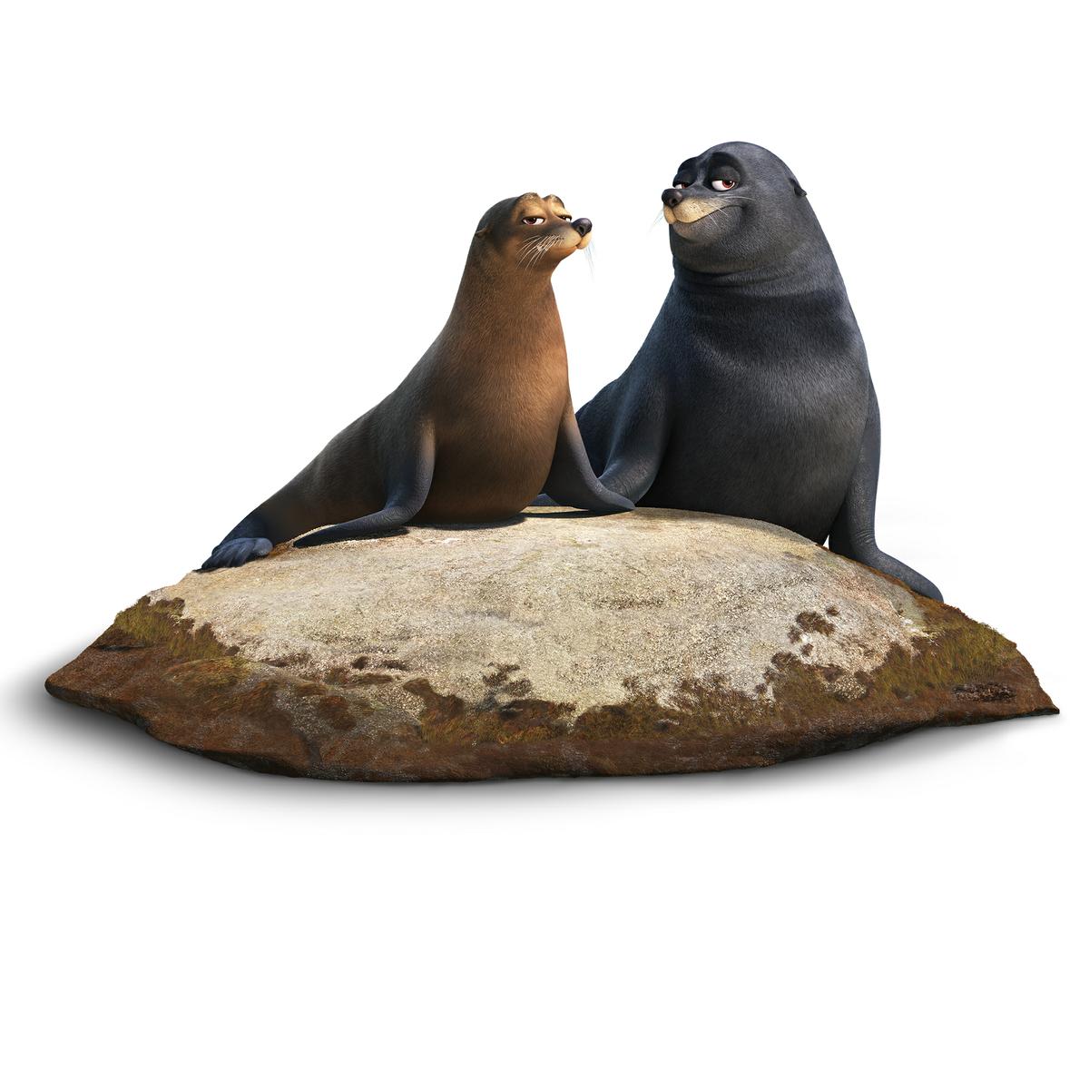 FINDING DORY - Pictured (L-R): RUDDER (voice of Dominic West) and FLUKE (voice of Idris Elba) are a pair of lazy sea lions who were rehabilitated at the Marine Life Institute. Marlin and Nemo find them snoozing on a warm—and highly coveted—rock just outside the center. These sea lions really enjoy their down time and would rather not be bothered mid nap—but their bark is far worse than their bite.. ©2016 DisneyPixar. All Rights Reserved.
