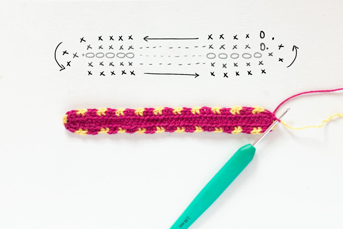 Funda en tapestry crochet visto en "I am a Mess Blog"