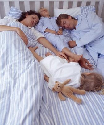 familia numerosa durmiendo en dimensiones de cama ajustada