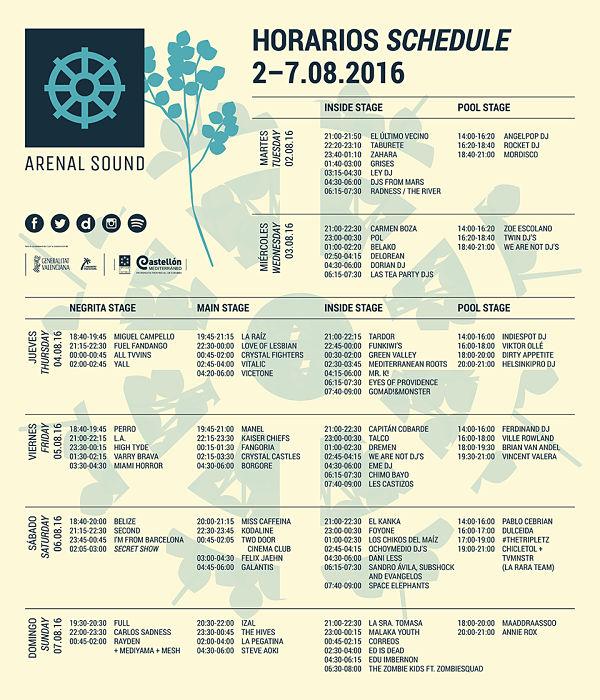 horarios arenal sound 2016