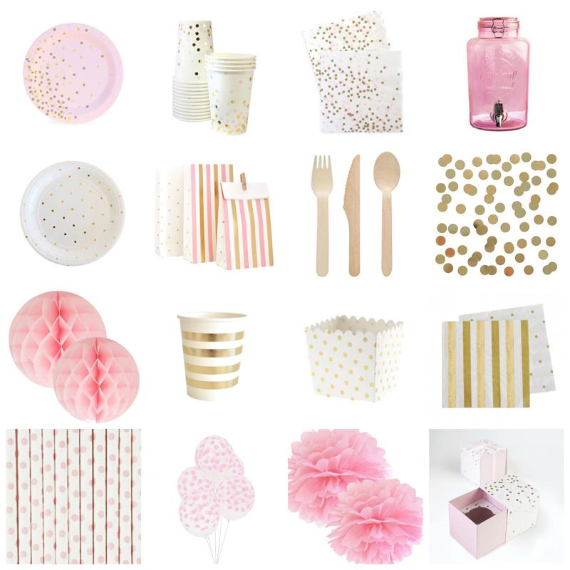 Productos para decorar fiesta infantil en rosa y dorado