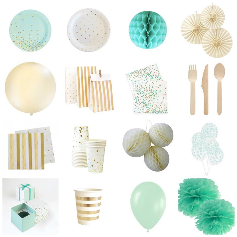 Artículos para fiestas infantiles mint, dorado y beige