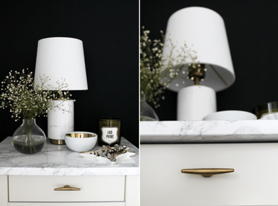 mesilla de noche con efecto marmol apertura horizontal