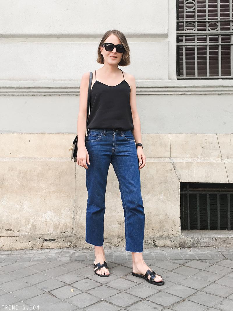 Trini | Tibi camisole Levis frayed jeans Hermes Oran sandals