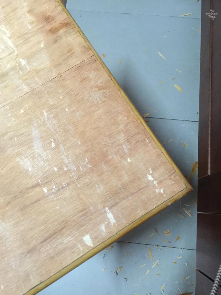 Transform furniture with decoupage and milk paint - A before shot of a nightstand with damaged and removed veneer