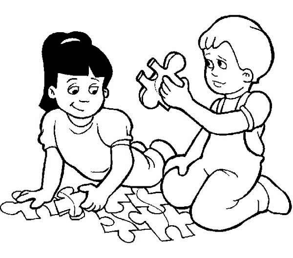 niños para colorear haciendo un puzzle