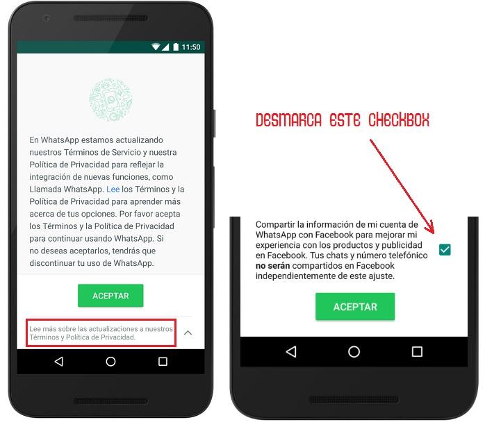 como evitar bloquear deshabilitar whatsapp comparte comparta datos con Facebook 