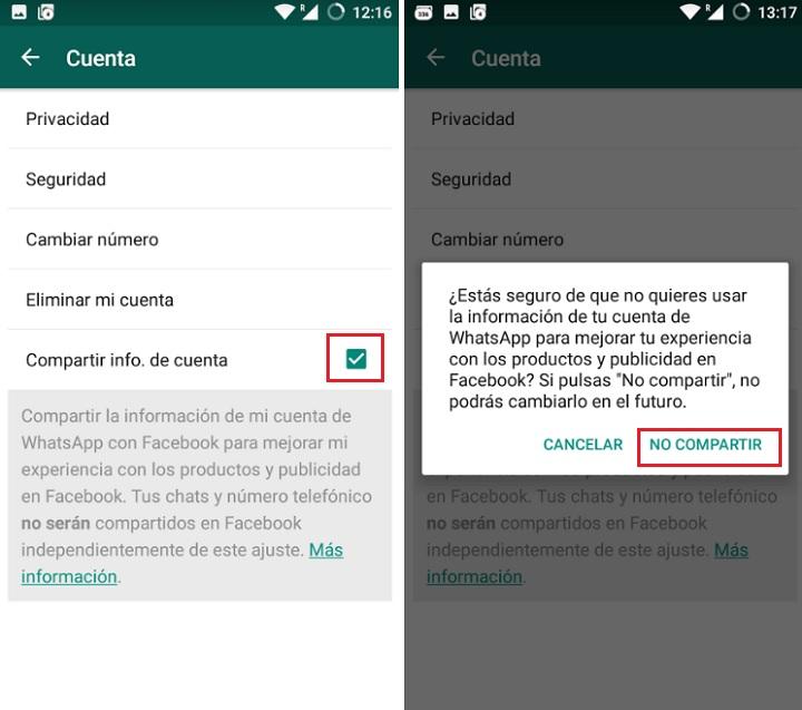 como evitar bloquear deshabilitar whatsapp comparte comparta datos con Facebook 