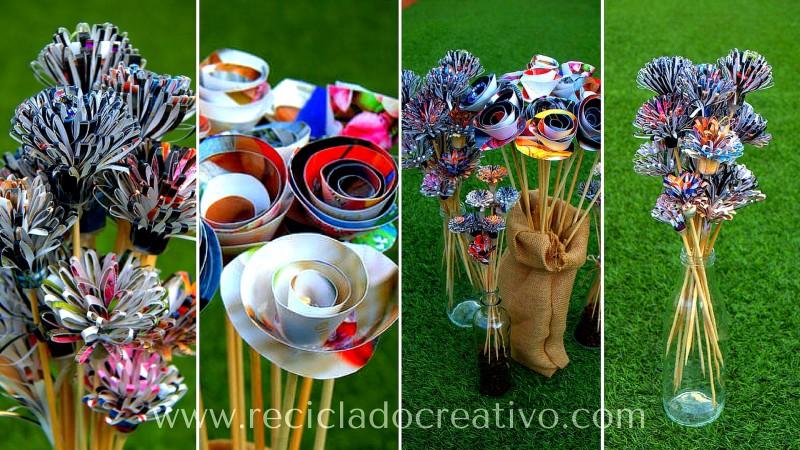 Flores como dalias con papel reciclado