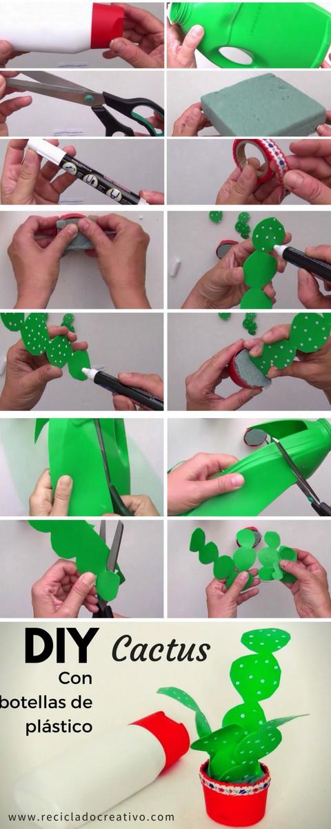 infographic DIY Cactus realizado reciclando botellas de plástico