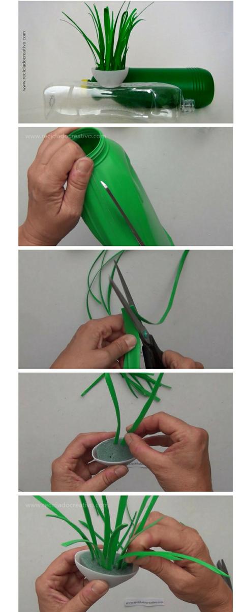 DIY Miniatura de planta de hojas verdes reciclando botellas de plástico