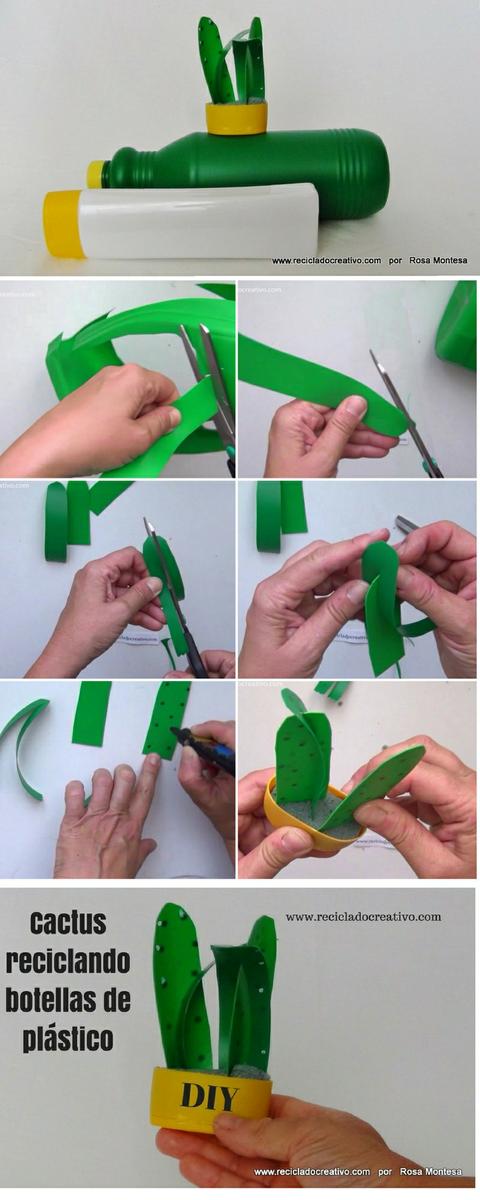 DIY Manualidad Cactus realizado con botellas de plástico recicladas 