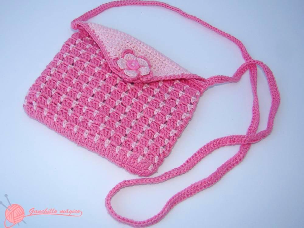Punto mosaico en ganchillo, bolso rosa chicle 