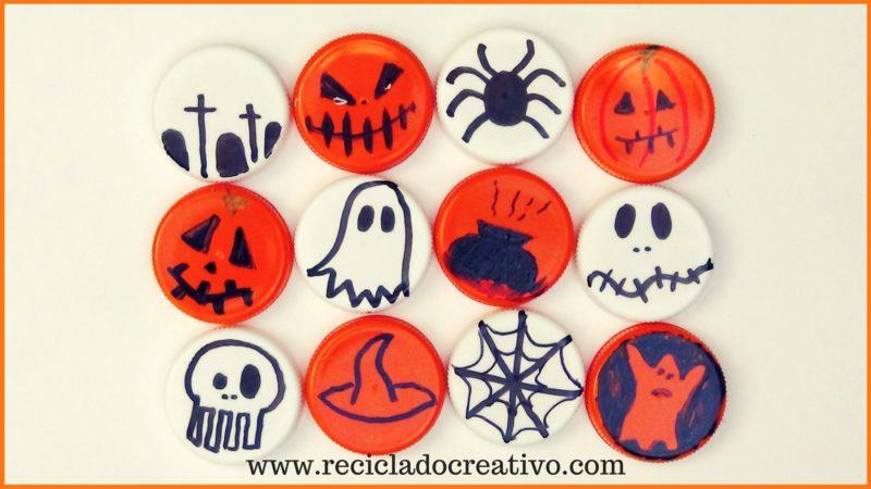Manualidades con niños para Halloween con tapones de botellas de plástico reciclados
