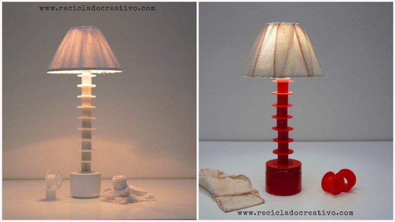 Lámpara con vendas y carretes de esparadrapo y botes de crema reciclados