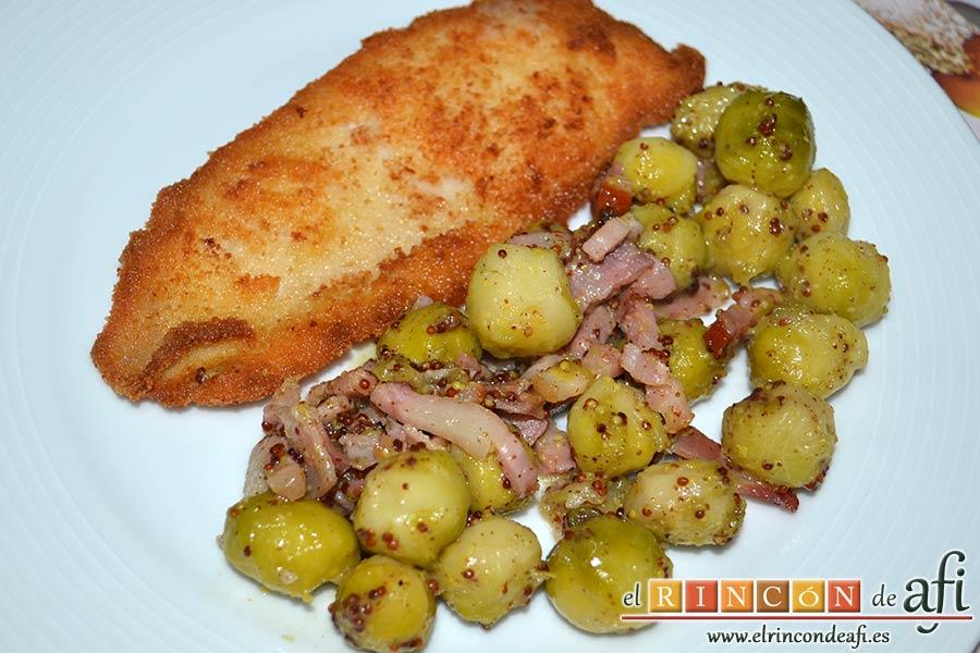 Coles de Bruselas con bacon, miel y mostaza antigua, sugerencia de presentación