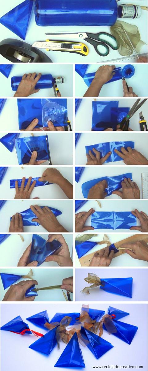 Paso a paso para realizar cajas de regalo - bomboneras - triangulares con botellas de plástico