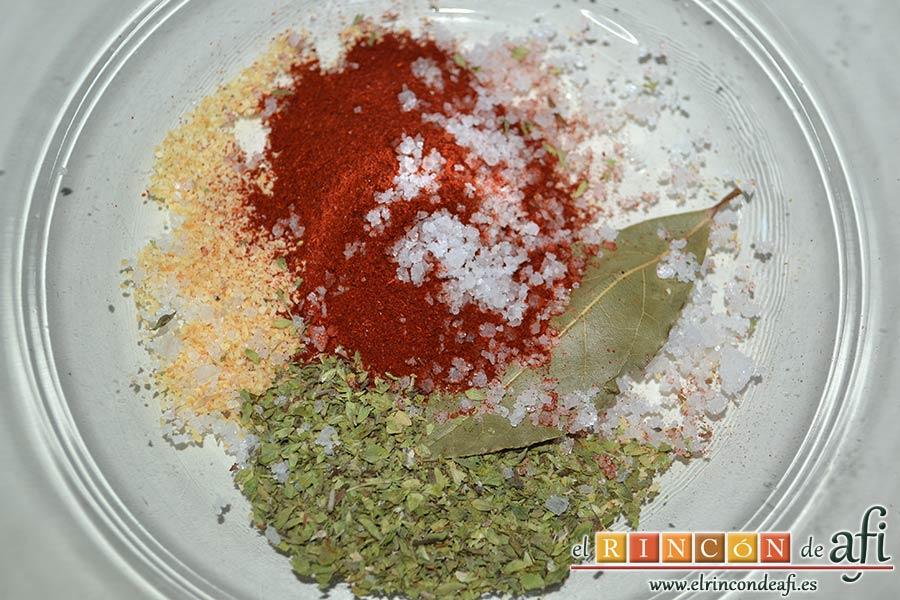 Secreto ibérico marinado con champiñones salteados con mostaza de Dijon y nata (crema de leche), poner en un bol los ingredientes para el marinado