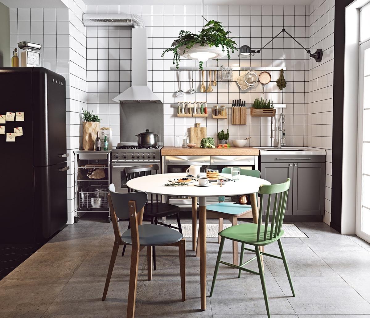 scandinavian-kitchen-green-and-blue-chairs-black-and-white-tiles
