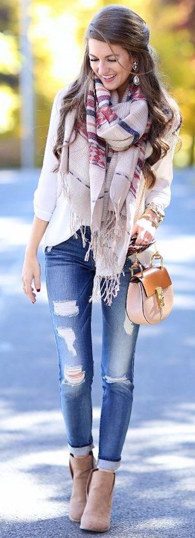 aztec scarf // BP cardigan // white tunic // Lucky wedge booties