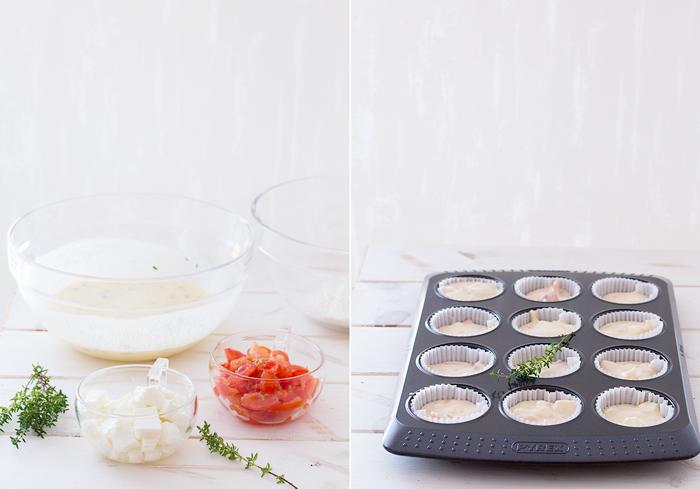 paso a paso muffins de tomate, queso y tomillo, bajos en calorías