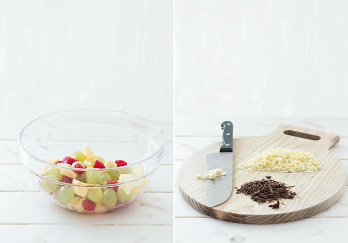 paso a paso copas frutas variadas con chocolate, bajo en calorías