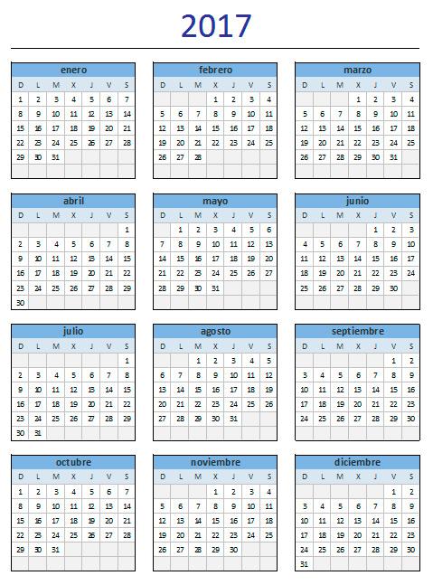 calendario 2017 de excel total anual
