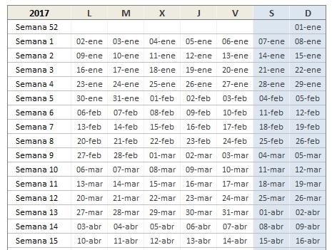 calendario 2017 de excel total semanal