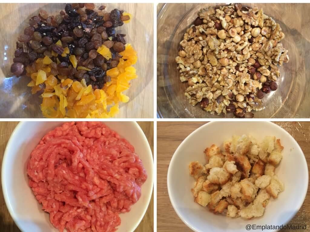 Preparando los diferentes ingredientes del relleno del capón de navidad