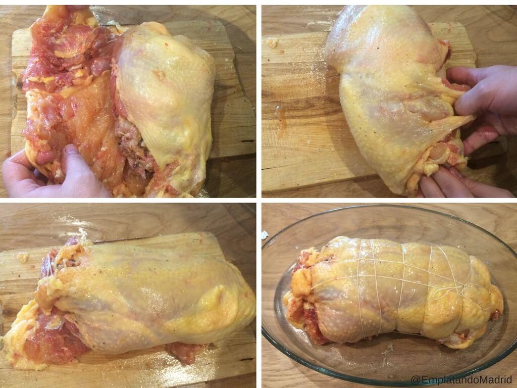 Cerrando y atando el capón con cuerda de cocina