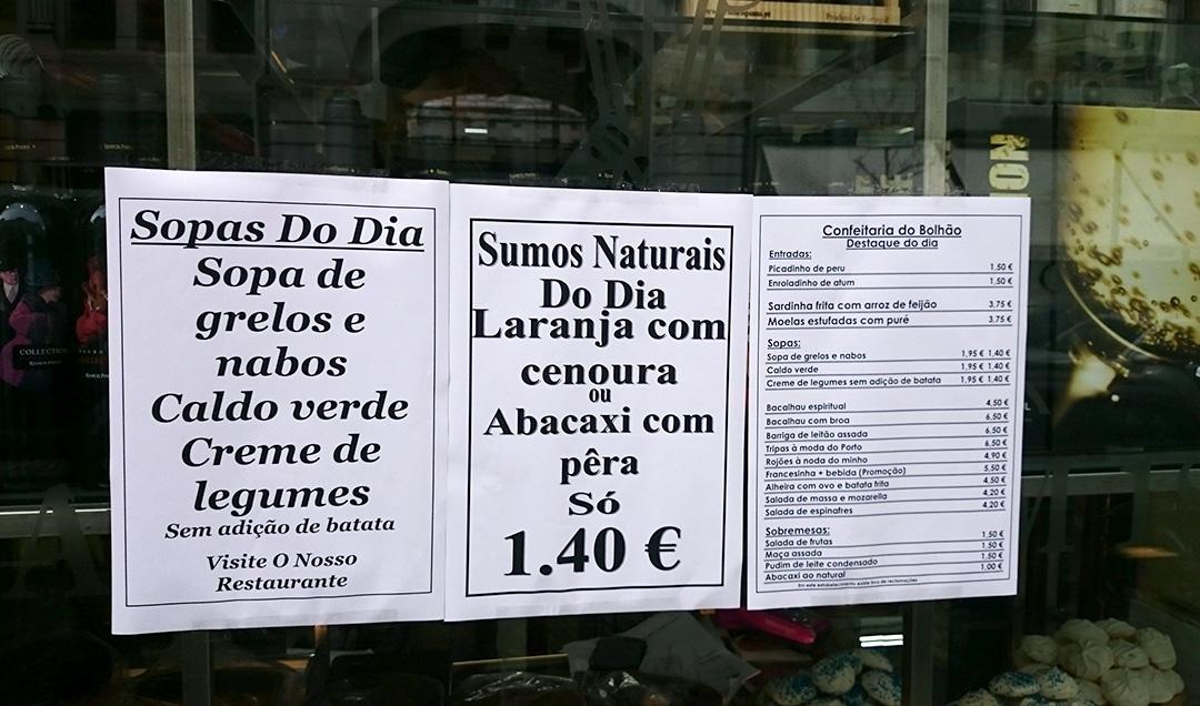 Menú para comer en la Confitería Do Bolhao en Oporto