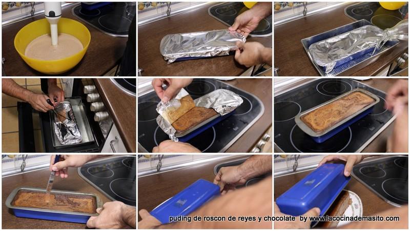 Horneado del pudin de roscon y chocolate
