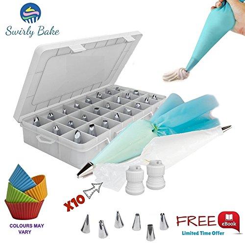 Decoración de Pasteles 40 piezas: 30 acero inoxidable glaseado Piping Boquillas Consejos Kit con funda de almacenamiento + 2 reutilizable de tuberías de dispensador de bolsas + 2 acopladores de fácil ajuste + 4 Cupcake Moldes de silicona reutilizables || exclusivo E-Book Incluido || The Ultimate paquete - perfecto para tartas, Cupcakes, Cookies Y Pastas De Hornear ||