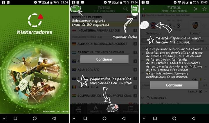 Mis Marcadores app Android resultados deportivos resultados de futbol voleibol baloncesto basket boxeo rubgy hockey reseña analisis mejor aplicacion apuestas en directo alineaciones segunda division competiciones campeonatos