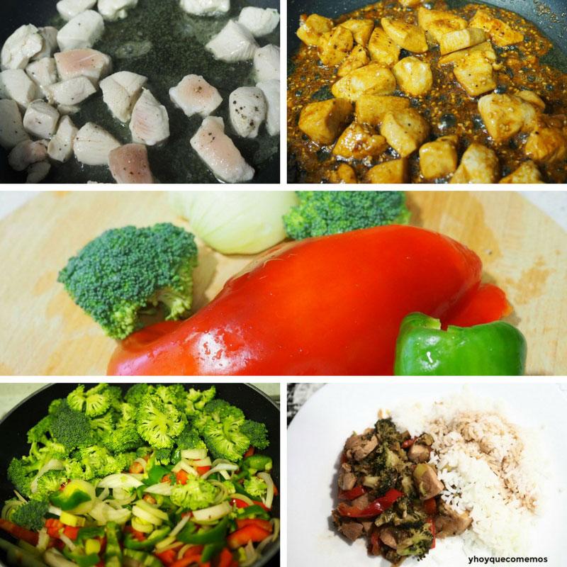 receta pollo con brocoli y guarnicion de arroz