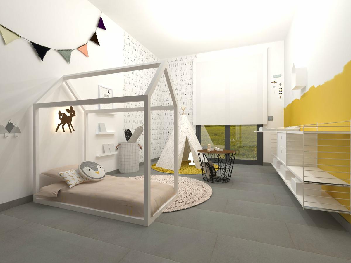 Dormitorio infantil método Montessori en casa Blanco, Mostaza y Rosa Palo