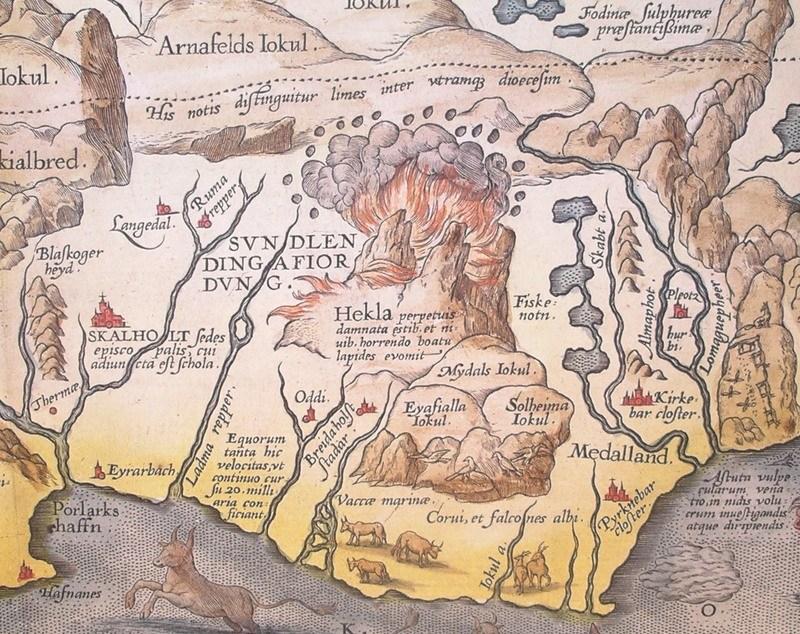 Detalle de Abraham Ortelius 1585 mapa de Islandia que muestra Hekla en erupción.