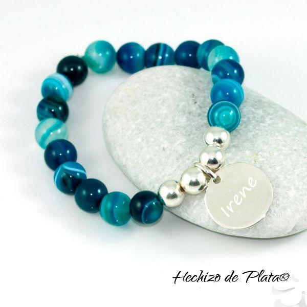 Pulsera personalizable de bolas de ágatas con plata y medalla de Hechizo de Plata Joyería