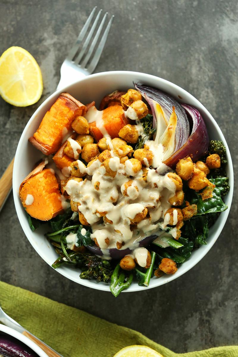 30 minute CHICKPEA Sweet Potato BUDDHA Bowls! A complete meal packed with protein, fiber and healthy fats with a STELLAR Tahini Lemon Maple Sauce! #vegan #glutenfree #healthy