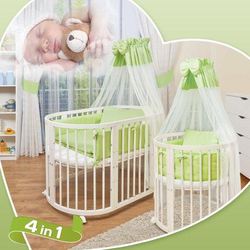 Comfort Baby© - ovales Baby Cama Cuna - 5 En 1 - Madera de Haya Maciza Blanco - Puede usarse como Cuna, Parque, Mini Cama inkl. Cielo, bezuege, mantas, colchones, cuna uvm. Completo Oferta/cama Juego de cama color Blanco/Verde